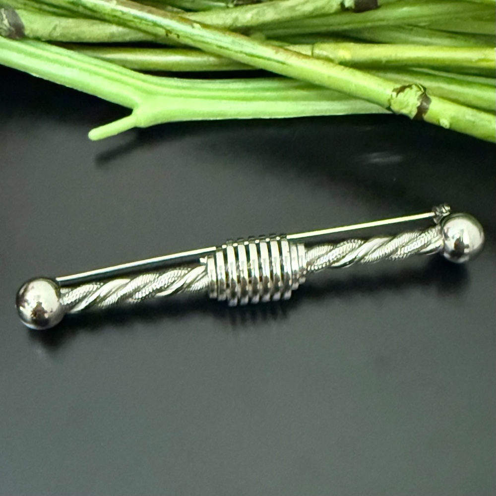 Unsigned Silver-tone Industrial Barbell 3-inch Modernist Brooch 20g.